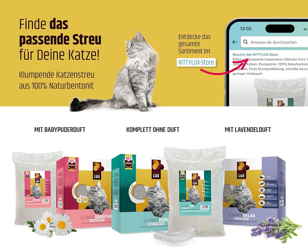 klumpende Katzenstreu Ultimate Pure 10kg ohne Duft für Sensible Katzen, Klumpstreu 100% Naturbentoni