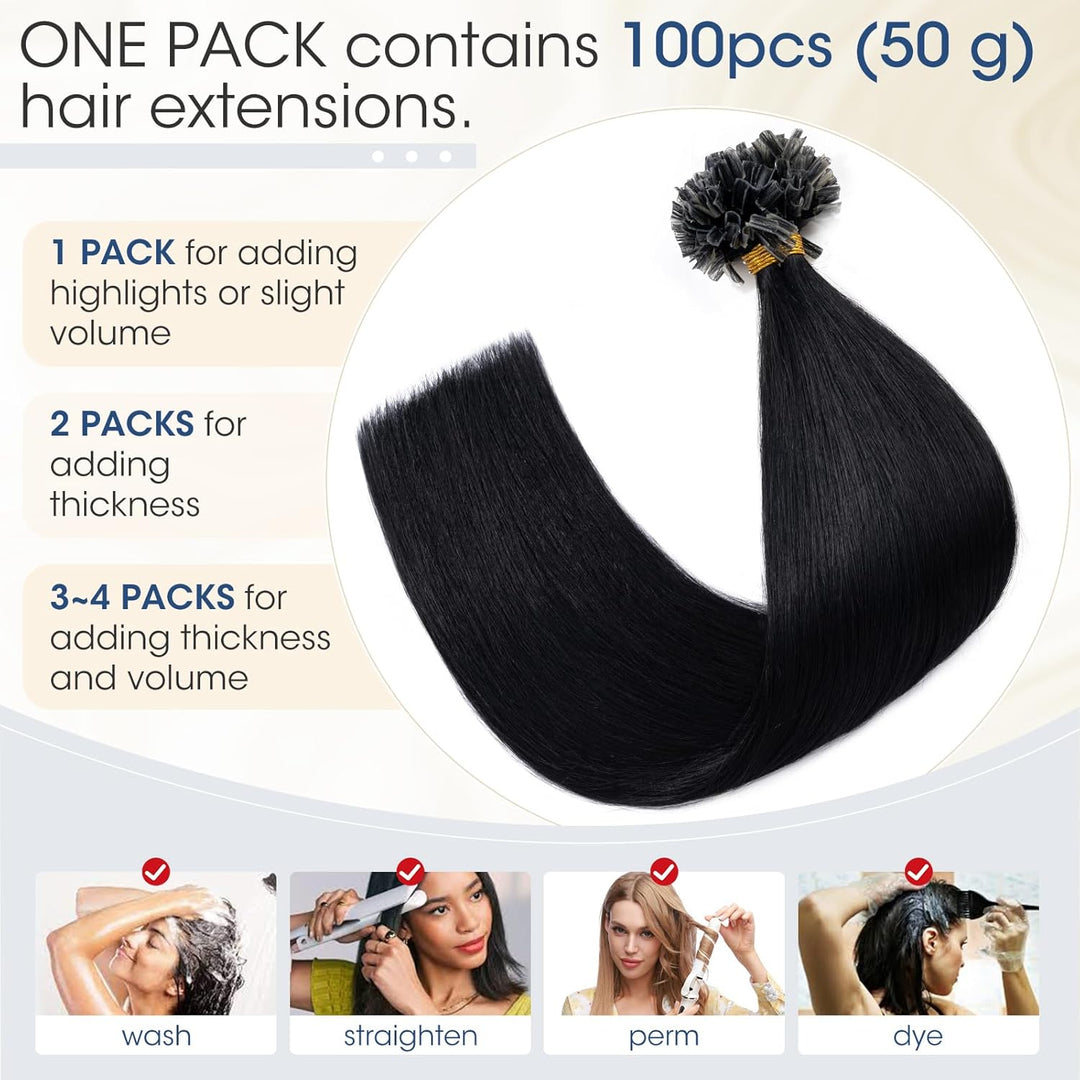 Elailite U-Tip Echthaar Bonding Extensions Keratin Haarverlängerung Haar Glatt #1 Schwarz 100 Strähn