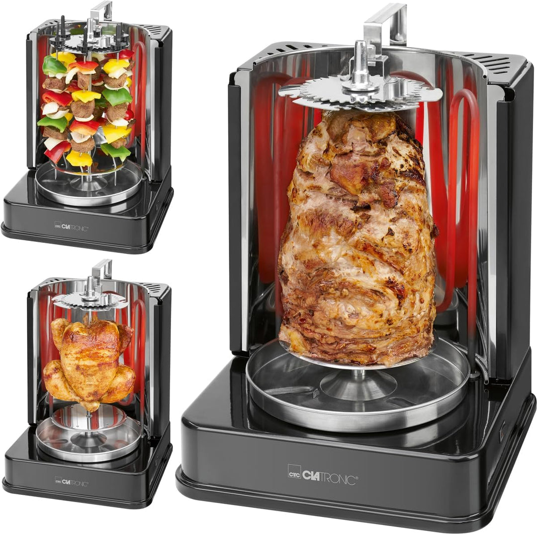 Clatronic DVG 3686 elektrischer Dönergrill, 3in1 Döner-/Hähnchen und Schaschlik-Vertikal-Multigrill,