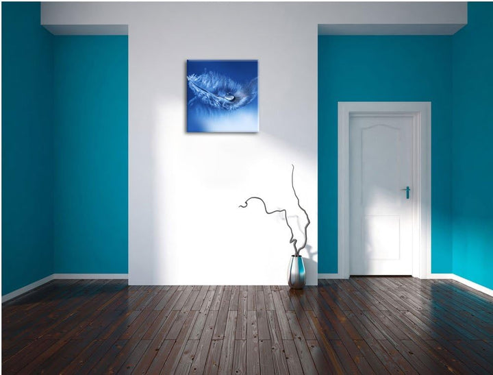 Wassertropfen auf Feder, Format: 70x70 auf Leinwand, XXL riesige Bilder fertig gerahmt mit Keilrahme