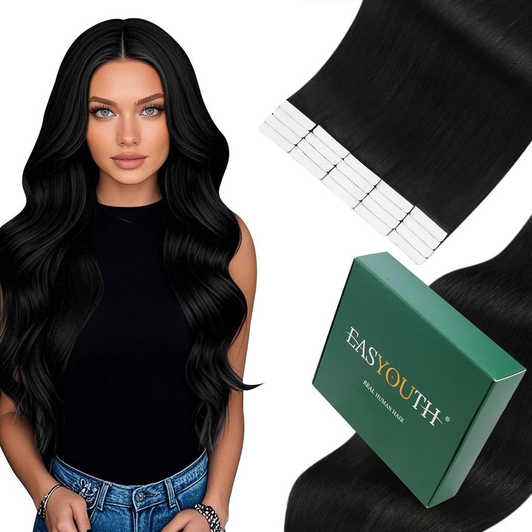 Easyouth Remy Tape in Echthaar Extensions Tape in Haarverlaengerung Schwarz Glatt Tape Extensions Ec