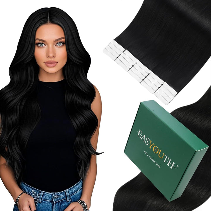 Easyouth Remy Tape in Echthaar Extensions Tape in Haarverlaengerung Schwarz Glatt Tape Extensions Ec