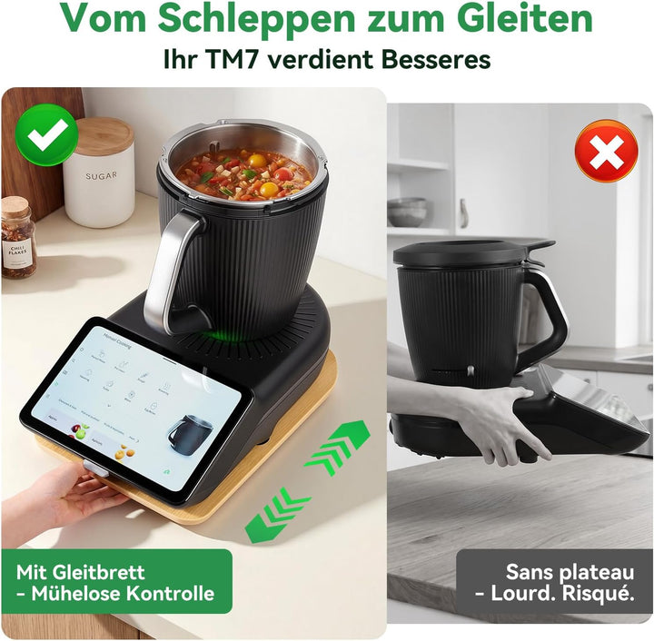 Gleitbrett für Thermomix TM7, Rollbrett aus 15mm Bambus für Thermomix mit Rollen &amp; Gummifüssen, stab