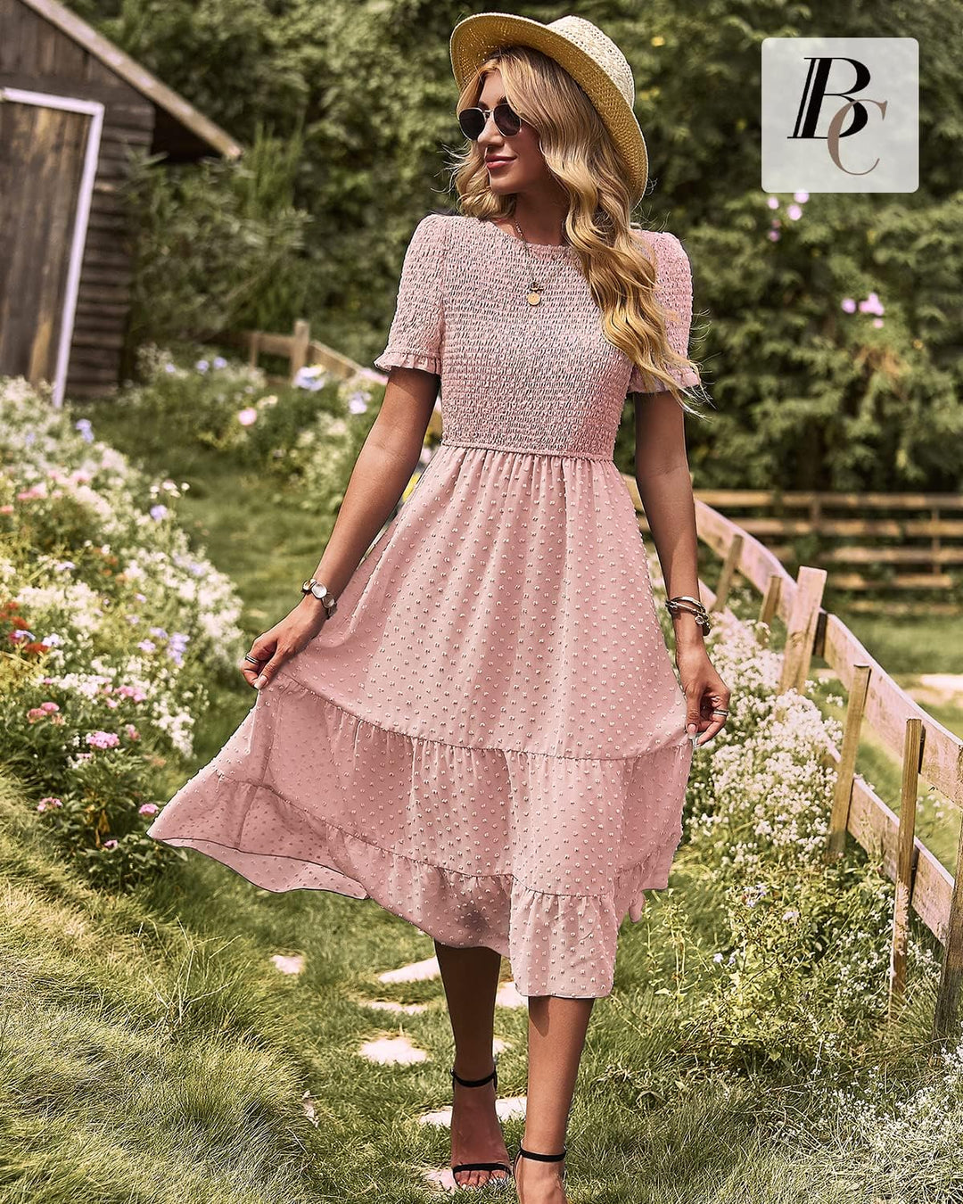 BebreezChic Damen Sommerkleid Rundhals Kurzarm Puffärmel Gerüschter Gerafftes Freizeitkleid mit Hohe