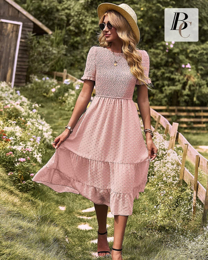 BebreezChic Damen Sommerkleid Rundhals Kurzarm Puffärmel Gerüschter Gerafftes Freizeitkleid mit Hohe