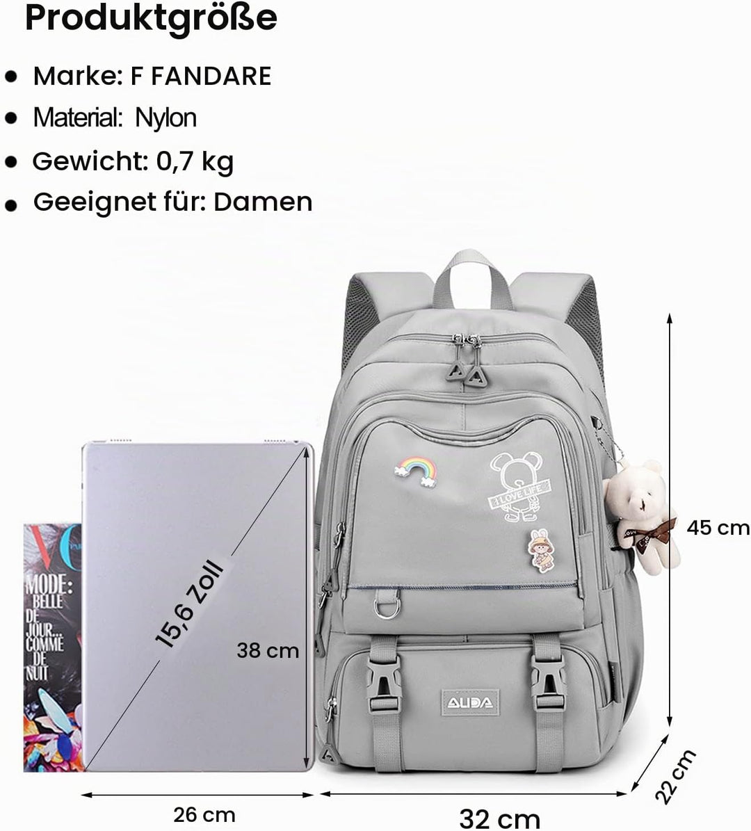 FANDARE Schulrucksack Schulrucksack Kinderrucksack Schultasche Jungen Mädchen Rucksack Schulranzen f
