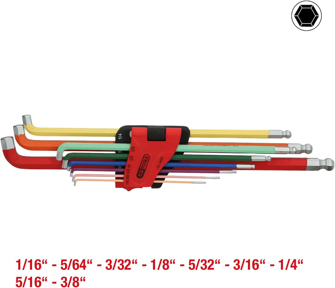 KS Tools 151.4430 Kugelkopf-Innensechskant-Winkelstiftschlüssel-Satz, 108° abgewinkelt, 9-tlg. Zoll