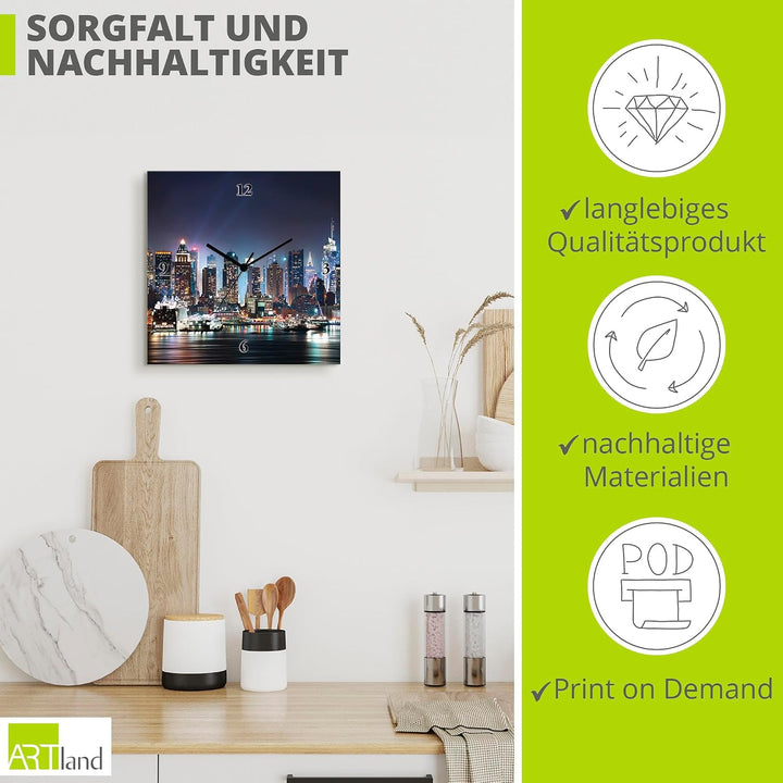 ARTLAND Wanduhr ohne Tickgeräusche Leinwand Quarzuhr 30x30 cm Quadratisch Lautlos New York City Time