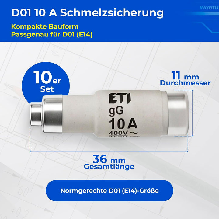 Sicherung NEOZED D01 und D02 10 bis 63 Ampère Blister mit 10 Stück Schmelzsicherungen träge als Ersa