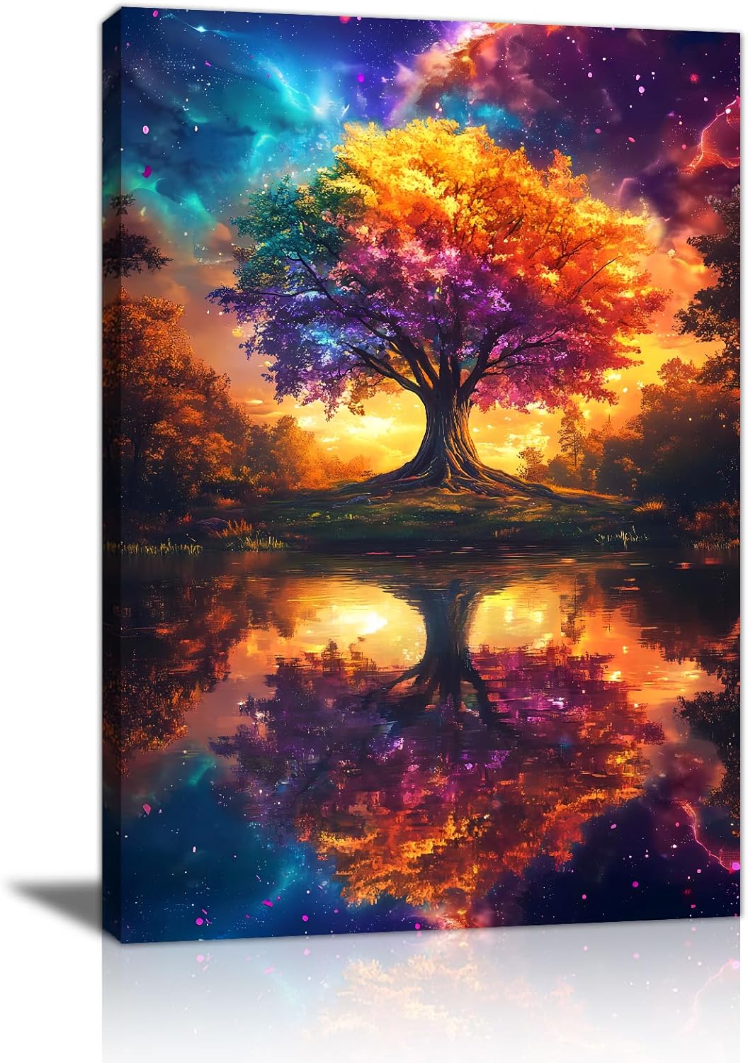 Bunte Baum Spiegelungen Leinwand Bilder mit Rahmen Farbenfroher Baum Des Lebens Wandbilder Abstrakte