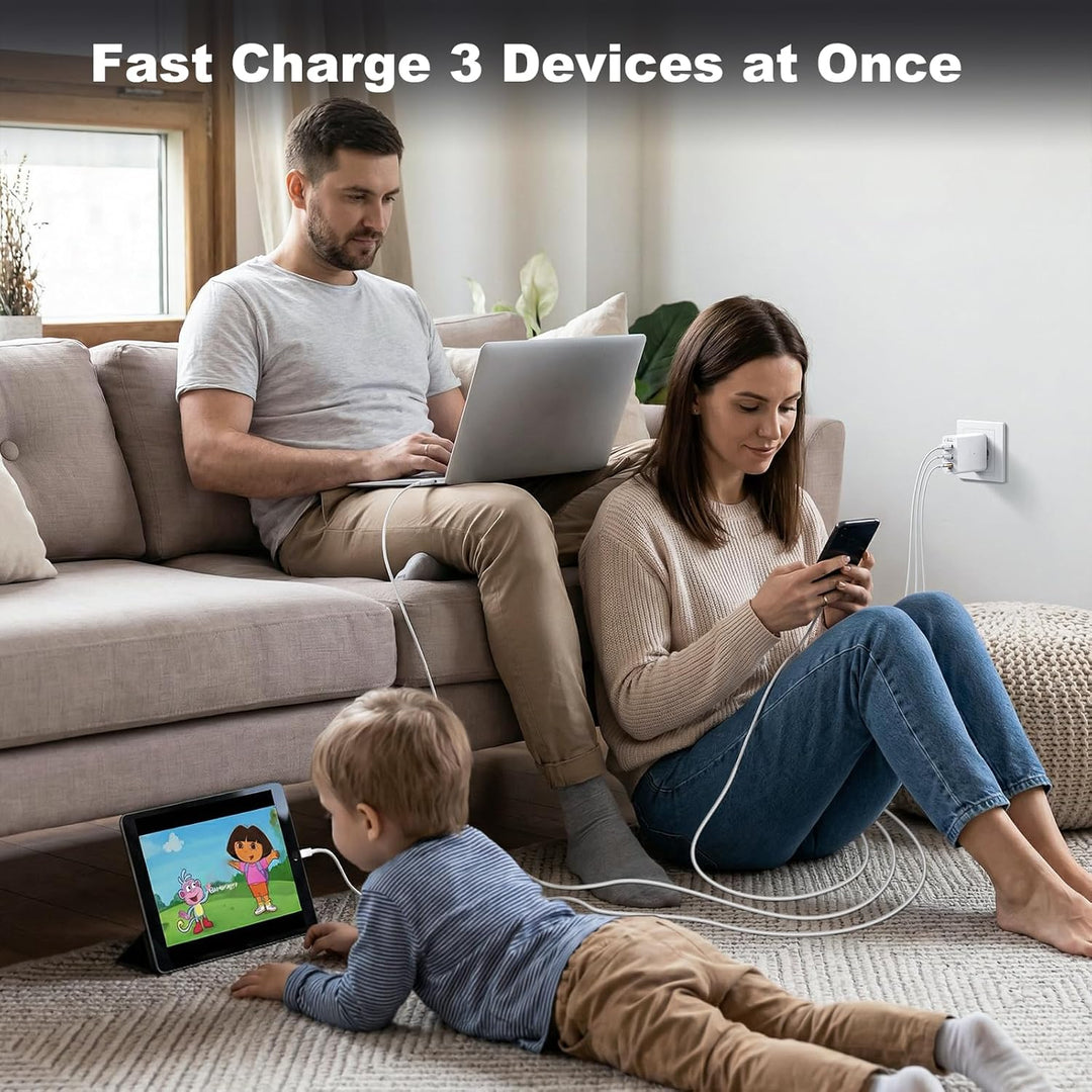 100W USB C Ladegerät, 3-Port GaN Schnellladegerät mit USB C & Lightning Kabel Mehrfach Ladegerät Kom