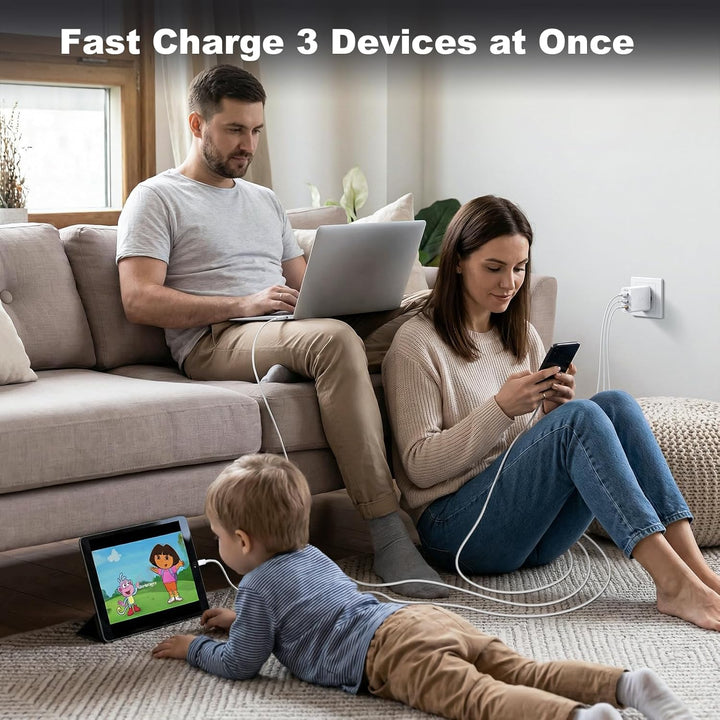 100W USB C Ladegerät, 3-Port GaN Schnellladegerät mit USB C & Lightning Kabel Mehrfach Ladegerät Kom