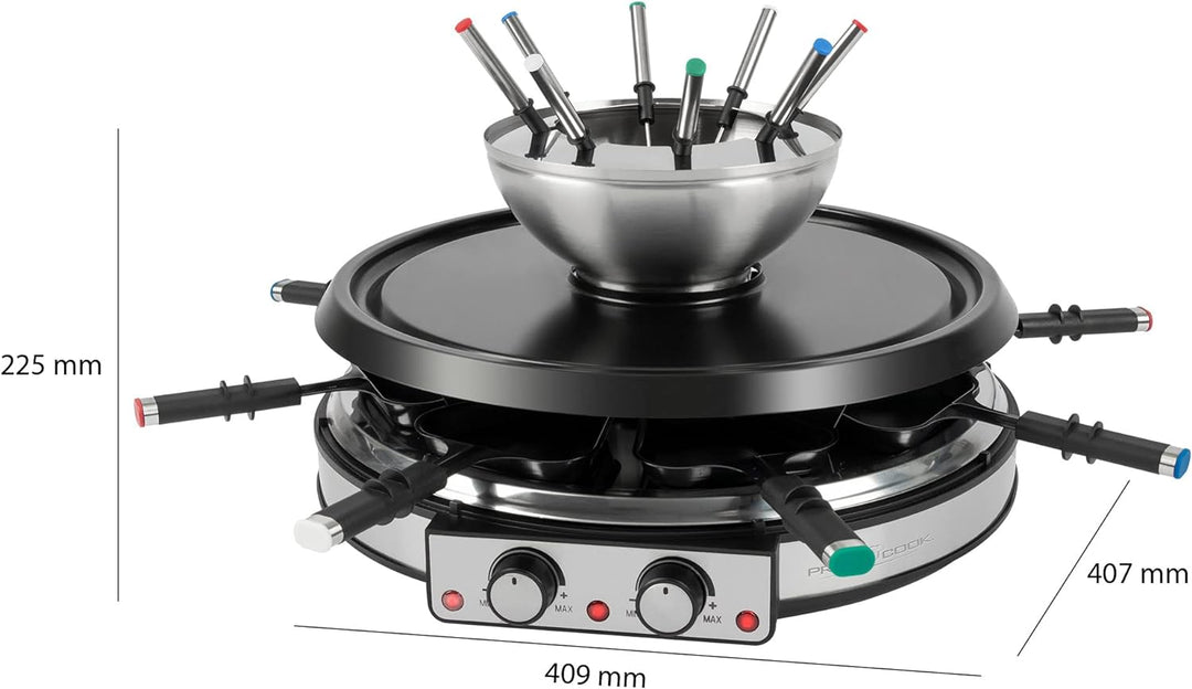 ProfiCook Raclette Fondue Kombination für 8 Personen, 2in1 elektrischer Tischgrill Set inkl. Spatel