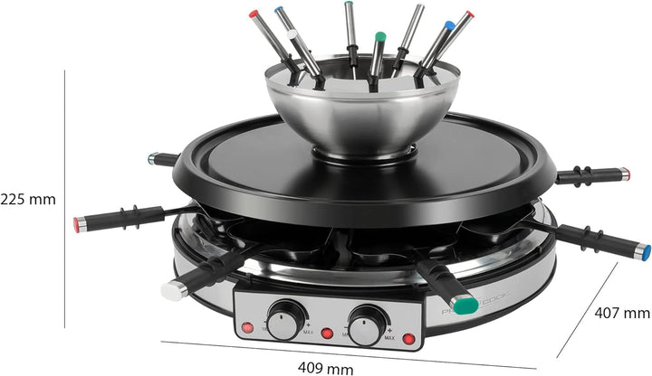 ProfiCook Raclette Fondue Kombination für 8 Personen, 2in1 elektrischer Tischgrill Set inkl. Spatel