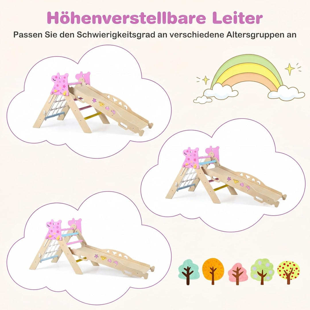 GOPLUS 8-in-1 Klettergerüst Indoor, Kletterdreieck Holz, 4er Set Kletterspielzeug mit Kletternetz, K
