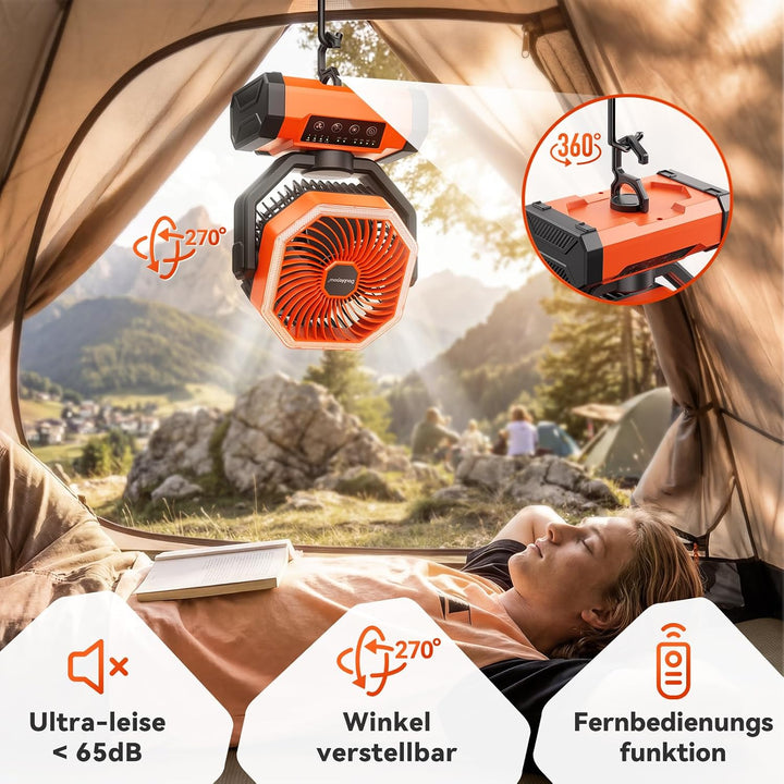 20000mAh Camping Ventilator, Aufladbare Akku Ventilator, Tragbarer Ventilators mit LED Licht, 120° O