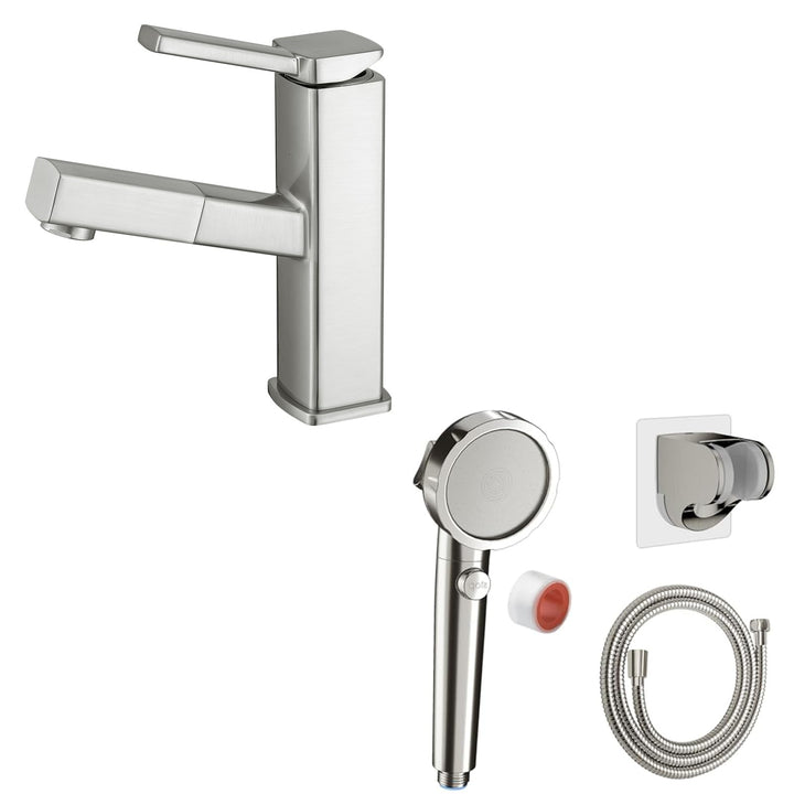 KAIYING Waschtischarmatur mit Herausziehbarer Spritze (Gebürstetes Nickel) & KAIYING Wassersparender