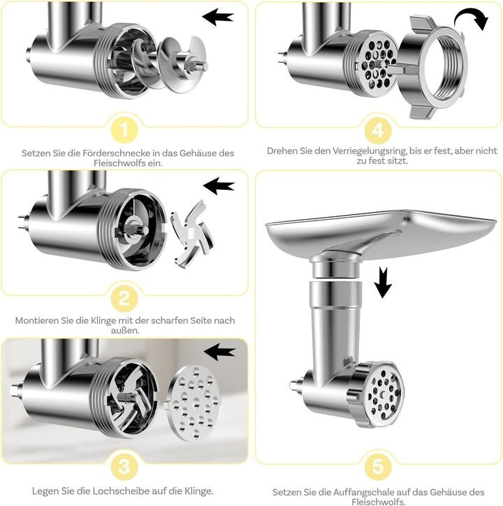 Fleischwolf Aufsatz Edelstahl für KitchenAid Standmixer - Fleischwolf Zubehör mit 4 Mahlscheibe, 3 W