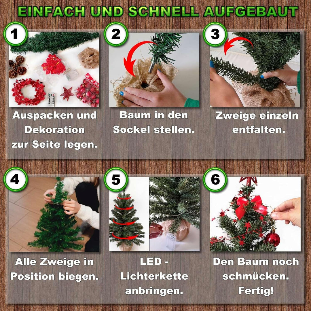 Weihnachtsbaum künstlich (WBD) 60 cm grün mit Weihnachtsdeko rot und Led Lichterkette mit Batteriebo