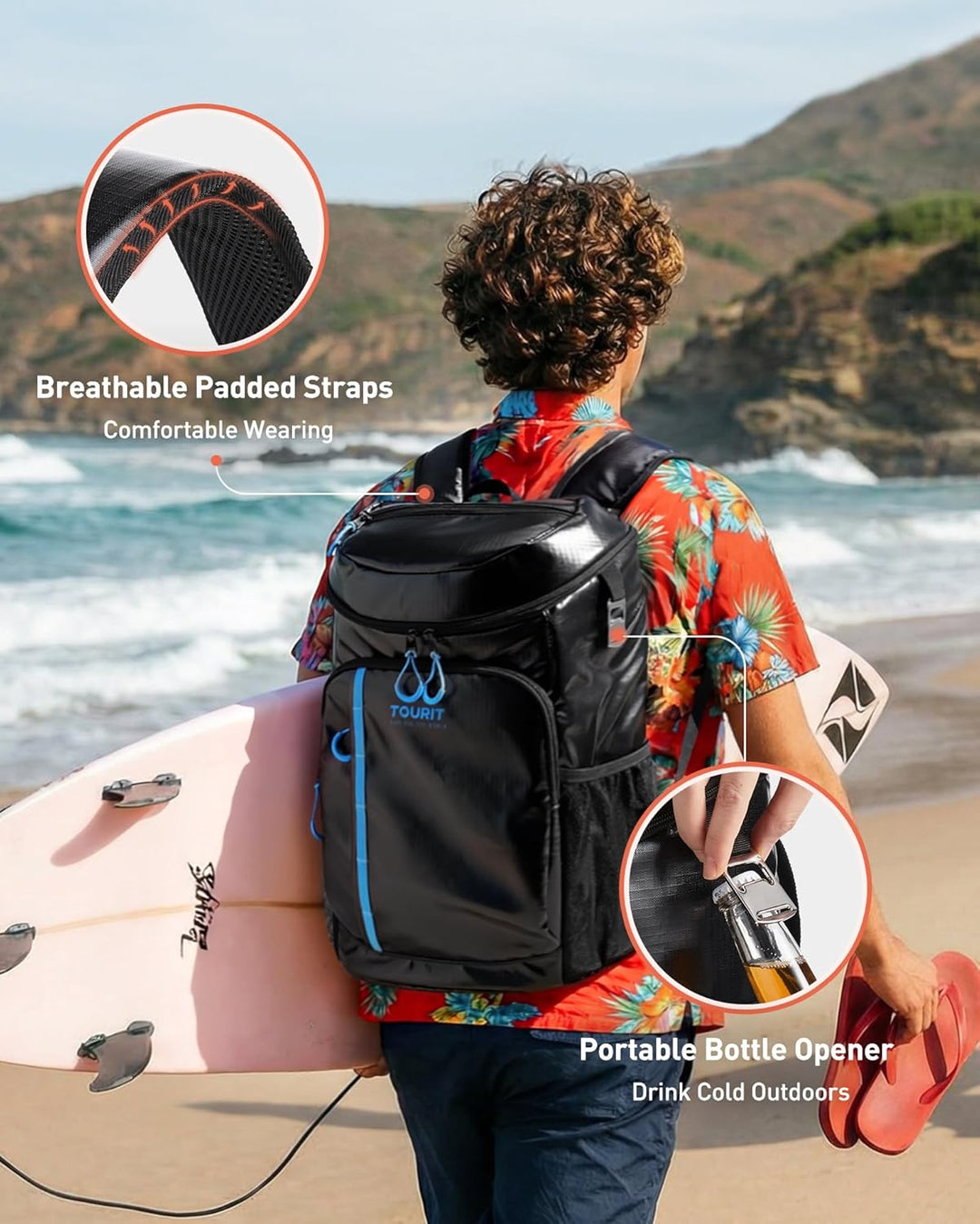 TOURIT Kühler Rucksack Leichter Rucksack 28L mit Flaschenöffner Hält 30 Dosen Dunkle Schwarz, Dunkle