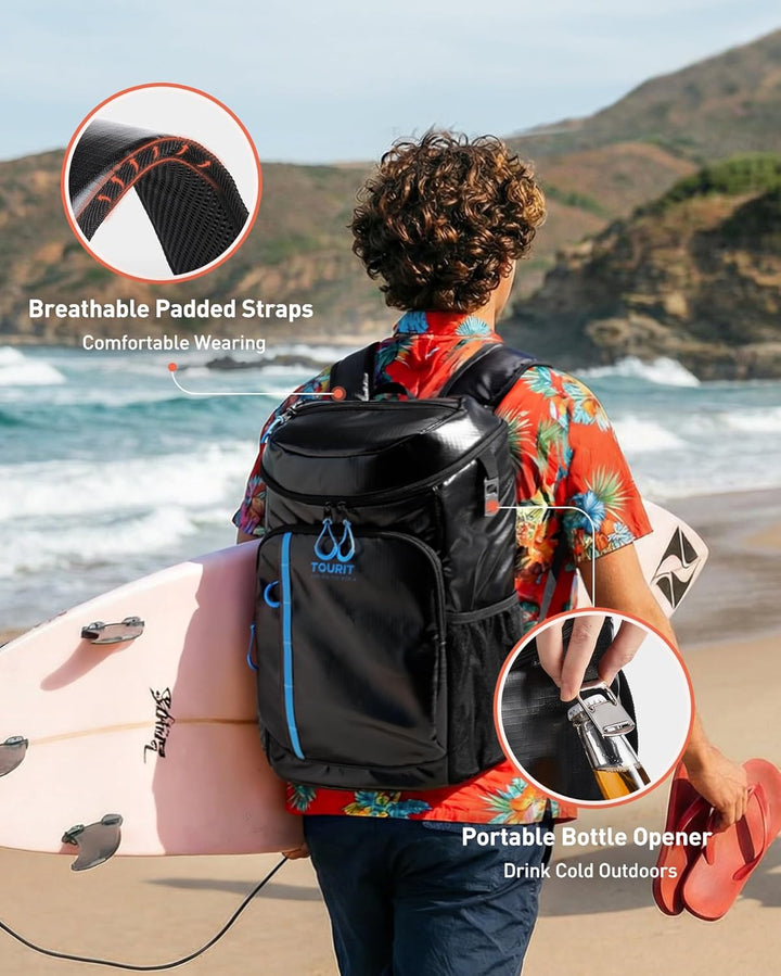 TOURIT Kühler Rucksack Leichter Rucksack 28L mit Flaschenöffner Hält 30 Dosen Dunkle Schwarz, Dunkle