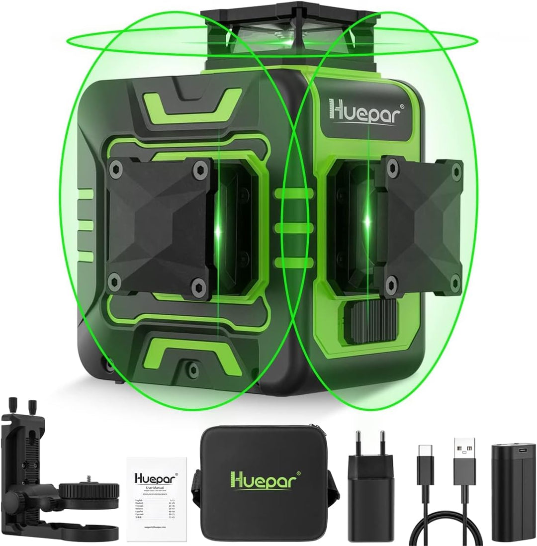 Huepar R03CG 3x360° Lasernivellier Selbstnivellierung Outdoor 3D Grüne Strahlen Kreuzlinien für Kons