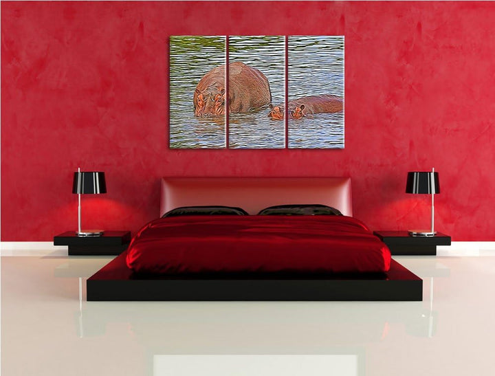 zwei Flusspferde im hohen Wasser NewArt 3-Teiler Leinwandbild 120x80 Bild auf Leinwand, XXL riesige
