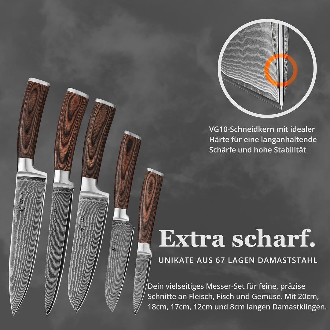 Wakoli EDIB 5er Damastmesser-Set mit magnetischem Messerblock, Klingenlängen von 8,5cm bis 20cm aus