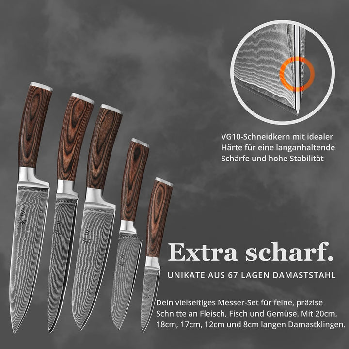 Wakoli EDIB 5er Damastmesser-Set mit magnetischem Messerblock, Klingenlängen von 8,5cm bis 20cm aus