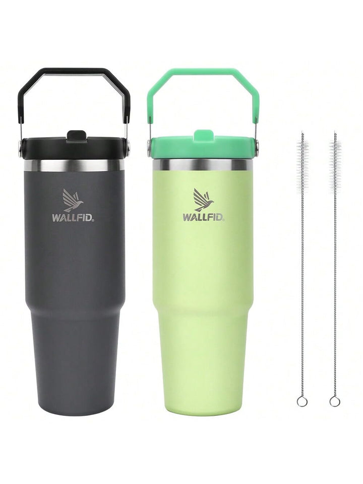WALLFID 30 oz Thermobecher 2er Set, Edelstahl Trinkbecher mit Strohhalm, Flip Deckel und Bürste, Dop