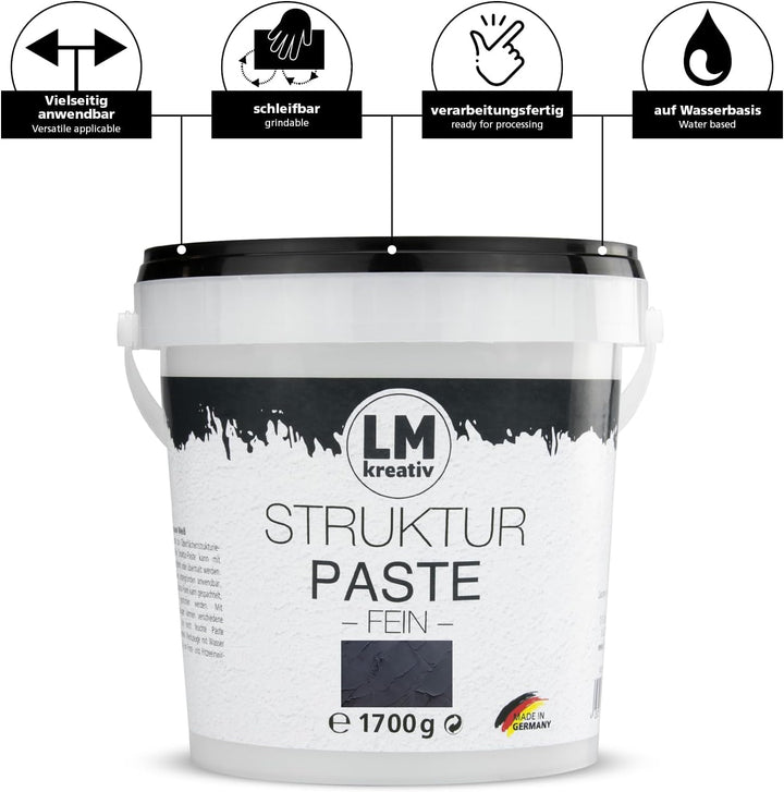 LM-Kreativ LM Struktur Paste fein 1,7 KG - Schiefer Schwarz - Strukturpaste für Leinwand - Perfekt f