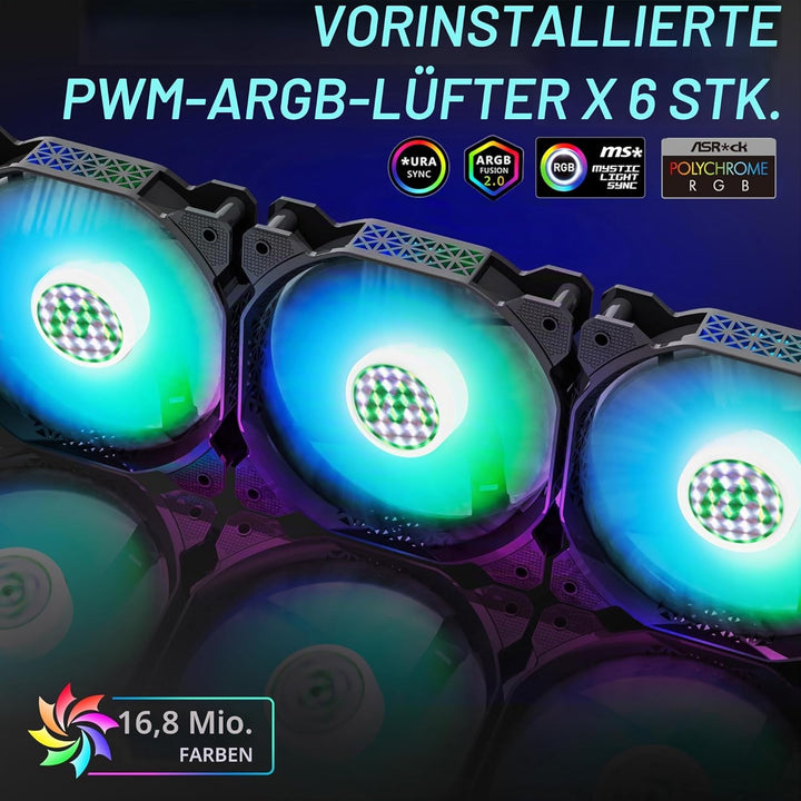 MUSETEX ATX PC Gehäuse Pre-Install 6 PWM ARGB Lüfter, Polygonal Mesh Computer Gaming Gehäuse, Öffnun