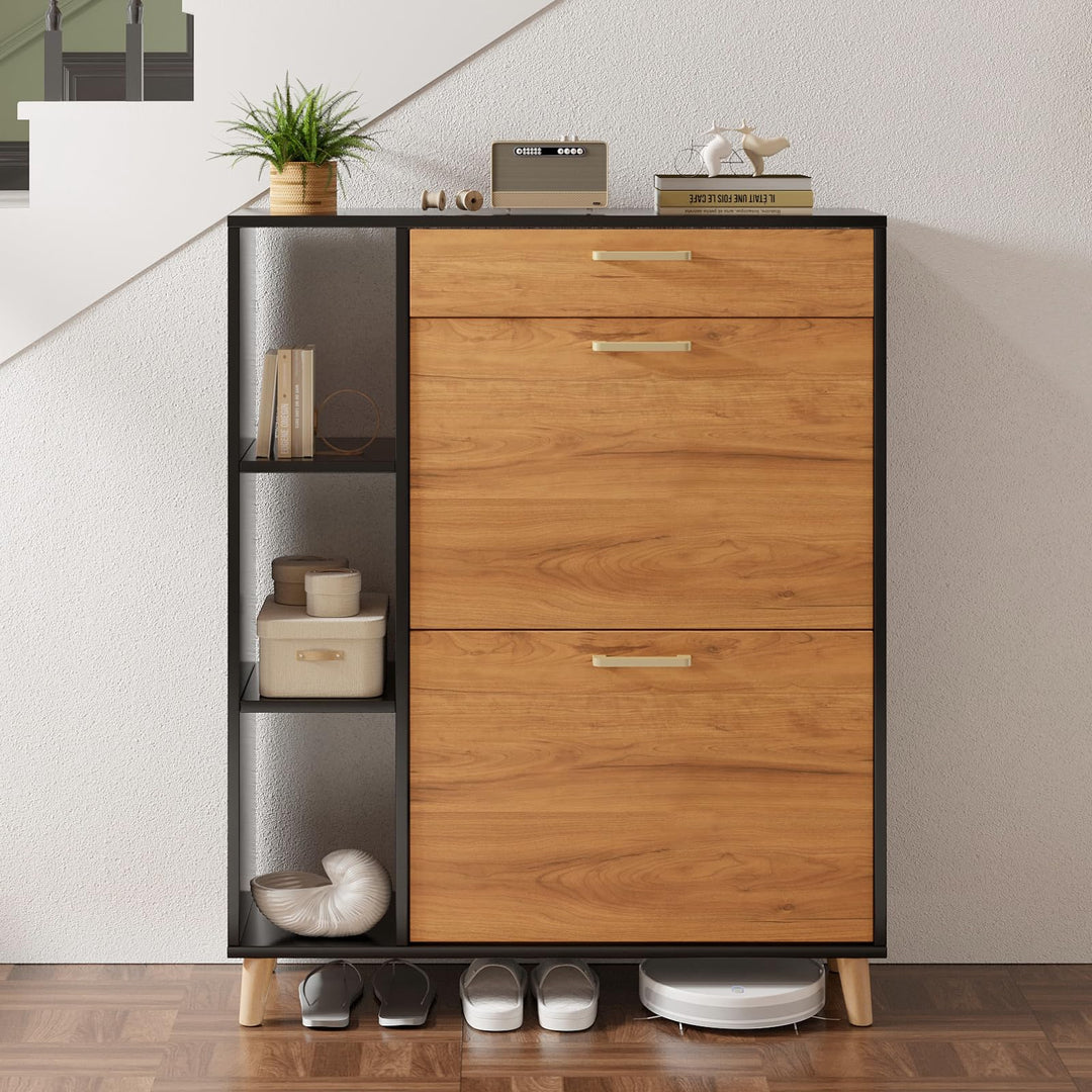Schuhschrank mit 2 Klappen Schmal Schuhschrank mit 2 Flip-Schuhregal 1 Schublade und 3 Ablagefächer