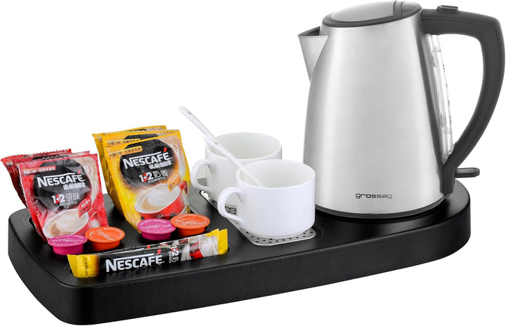 Hochwertiges Welcome-Tray aus schwarzem ABS- Material mit Holzstruktur und entnehmbaren Abtropfgitte