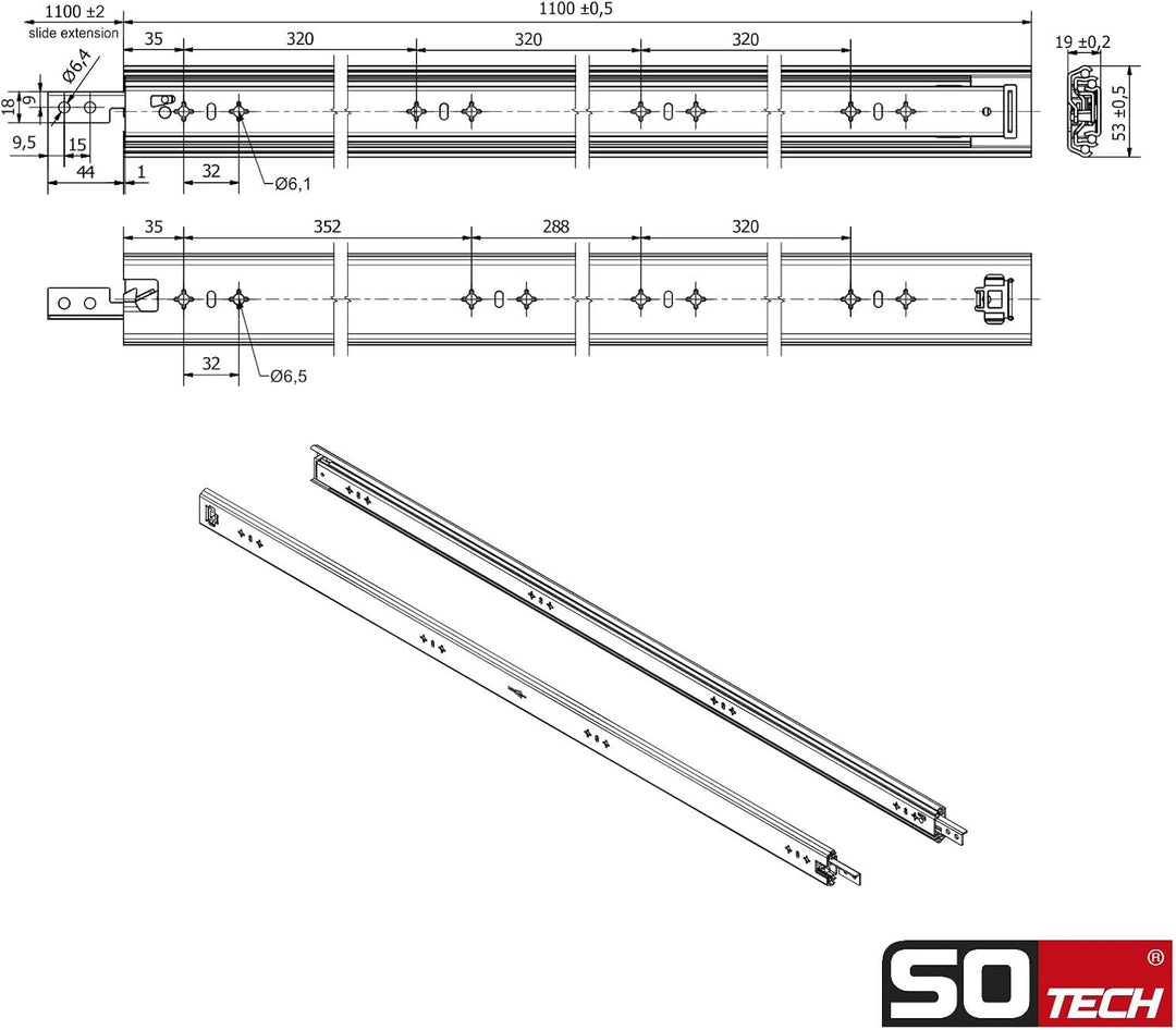 1 Paar SOTECH Schwerlastauszüge VarioSlide KV2-100-H53-L1100-EH 1100 mm mit Lock-in/out Einrastfunkt