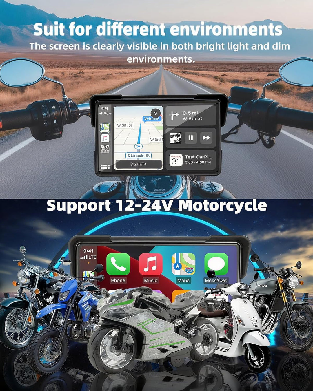 2026 Jansite 7 Zoll Motorrad Carplay Android Auto, 2,5D IPS Motorrad Display IP67 Wasserdichter Navi