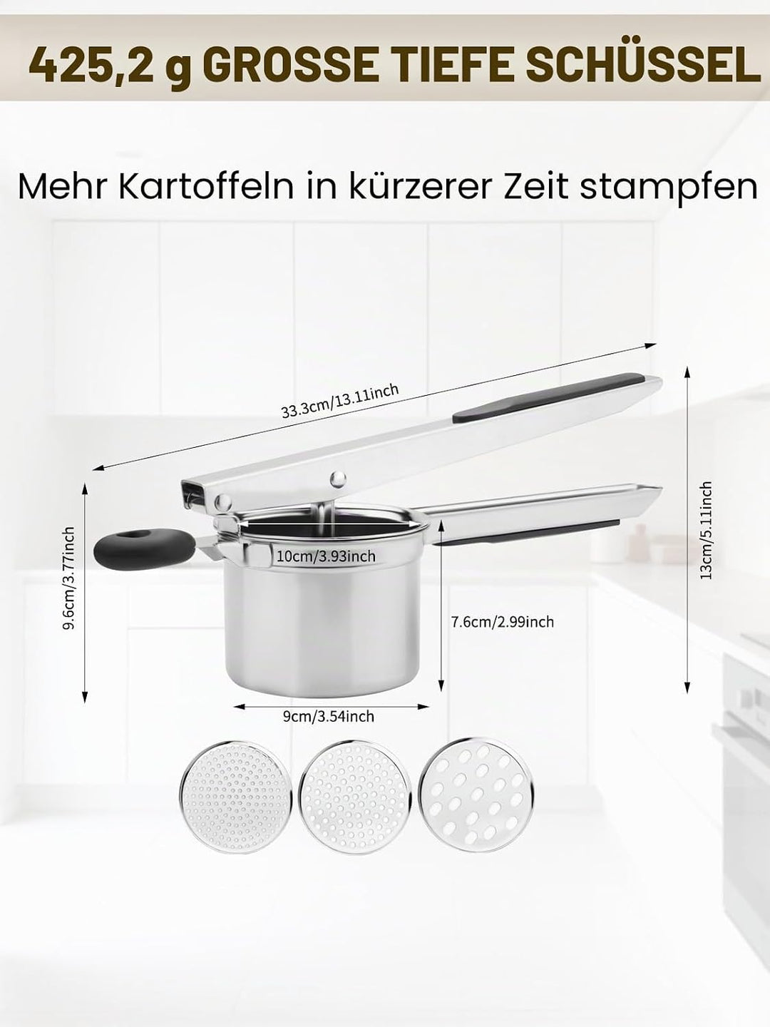 Kartoffelpresse aus robustem Edelstahl, Kartoffelstampfer und -presse für Kartoffelpüree, Küchenhelf