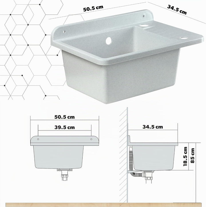 GOSPO Ausgussbecken aus Polypropylen, 50,5 x 34 x 26,5 cm, Spülbecken mit Armatur, Siphon, Seifenspe