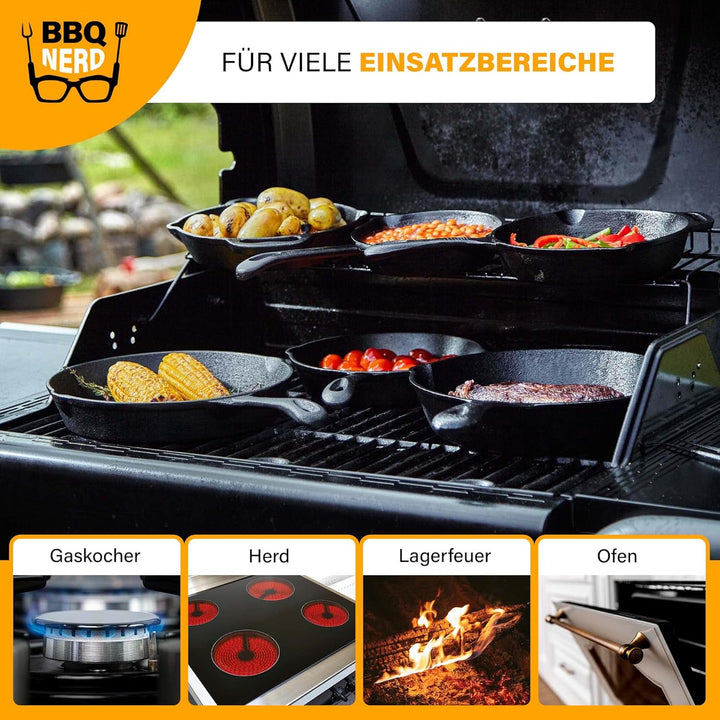 BBQ Nerd Grillpfanne Ø 25 cm 2600g mit Ausgiesser und Griff - Gusseisenpfanne zum Grillen, Rösten, A