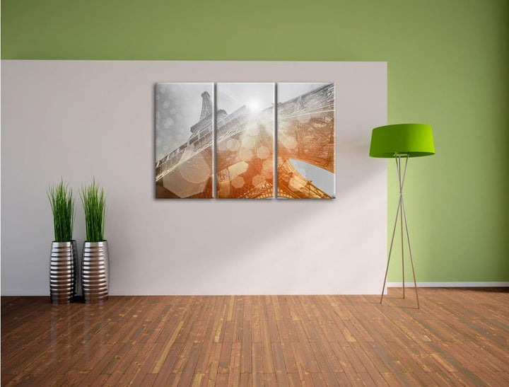 Pixxprint Der Eiffelturm im Sonnenschein als Leinwandbild/Grösse: 3 Teilig (120x80) cm/Wandbild/Kuns