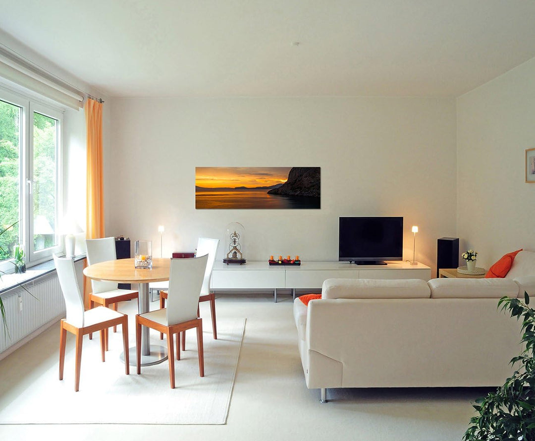 Paul Sinus Art Panoramabild auf Leinwand und Keilrahmen 150x50cm Meer Felsen Küste Sonnenuntergang