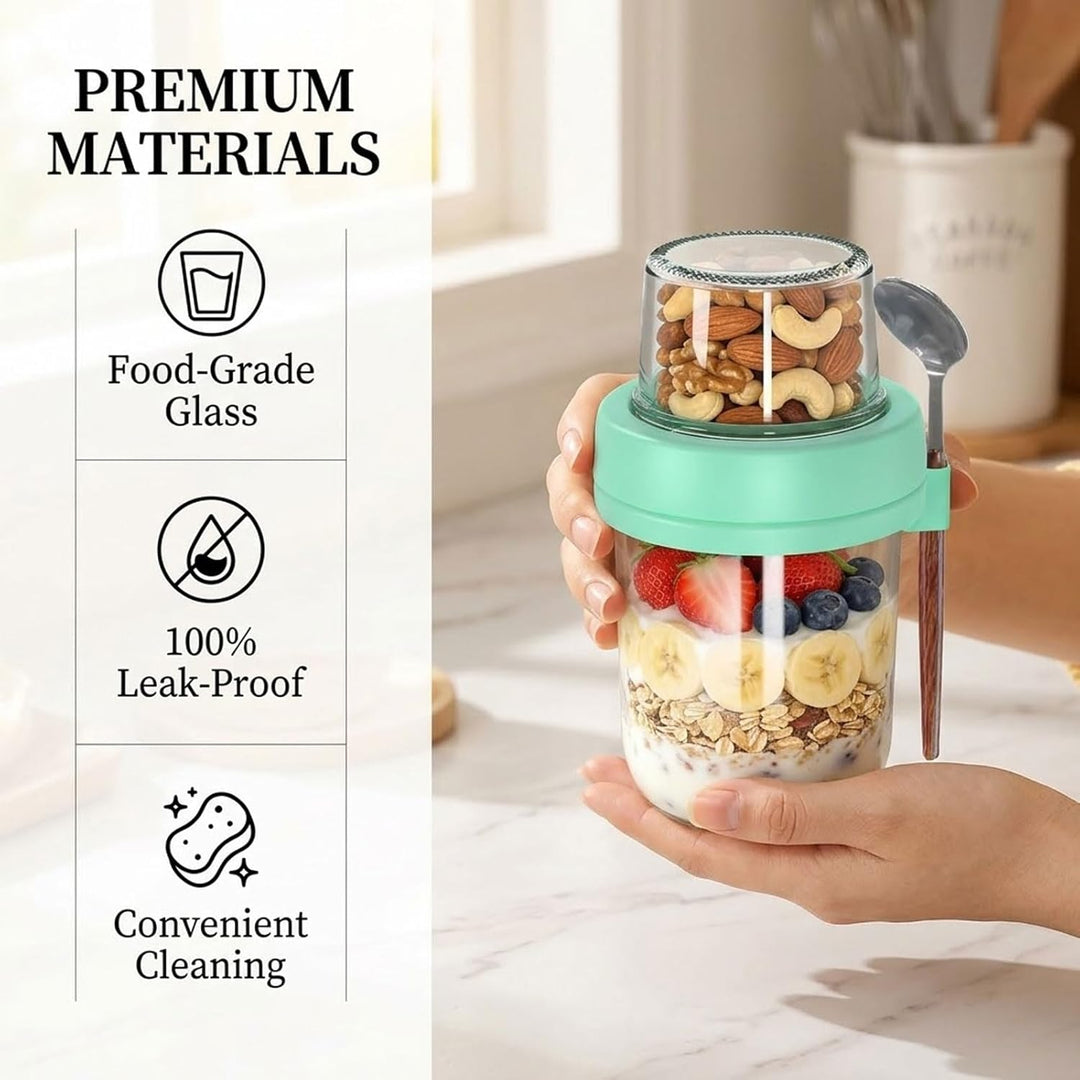 4er Set Overnight Oats Gläser mit Deckel & Löffel – 16oz Müslibecher & 4oz Snack-Box, Doppelkammer J