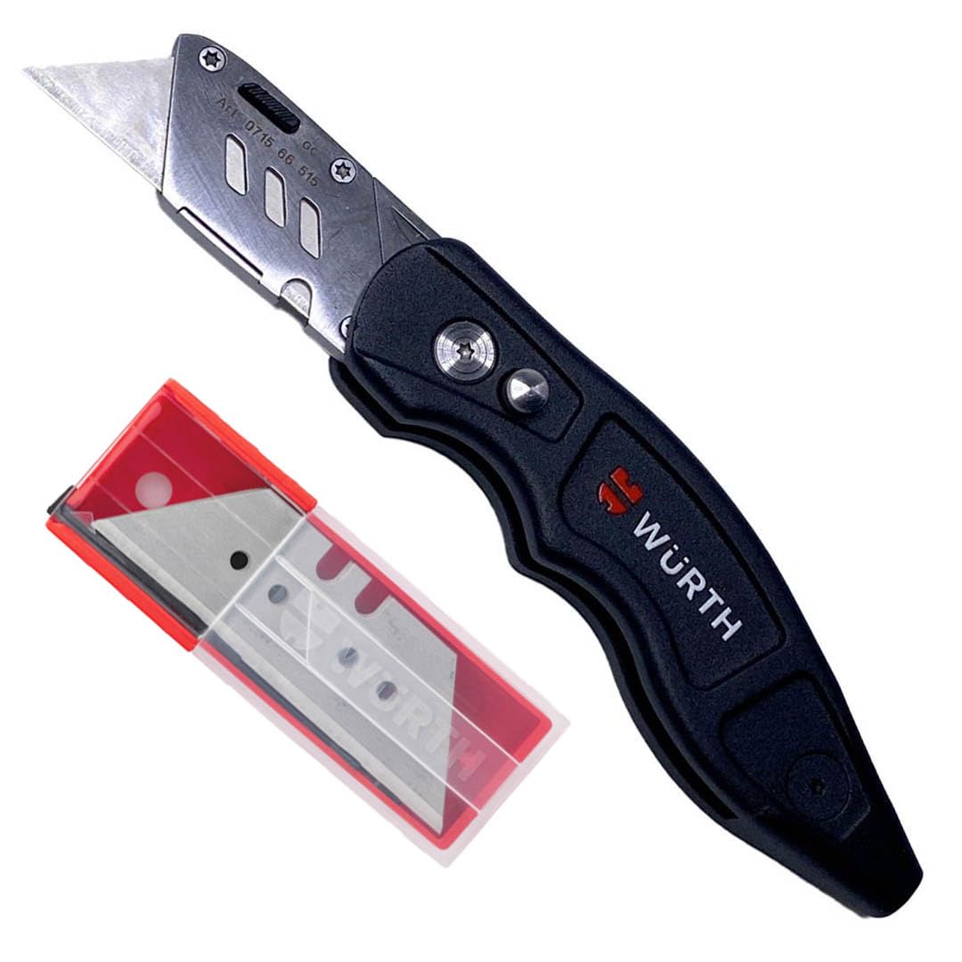 WÜRTH Profi Trapez Klingenmesser + 10 zusätzlichen Trapezklingen mit 1/4 Zoll Bithalter Teppichmesse