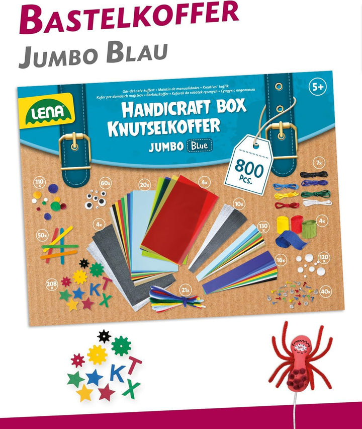 Lena 42665 Bastelkoffer mit 800 Teile Farben, Material zum Basteln, mit Moosgummi, Buntpapier, Pompo