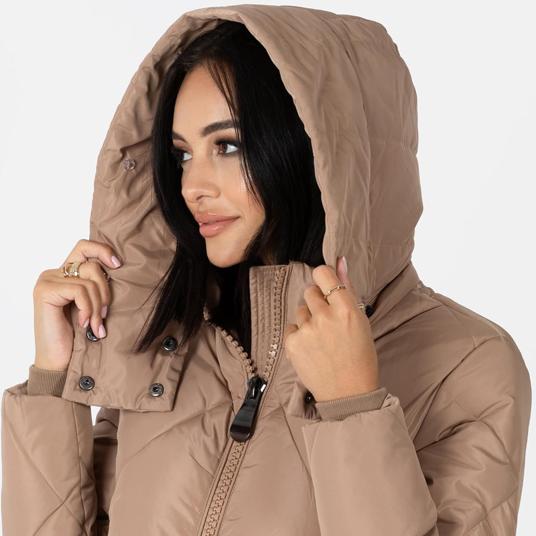 Women's Winter Jacket Ladies Coat Puffer Removable Faux Fur Hood Pockets Quilted Padded Longline Puf