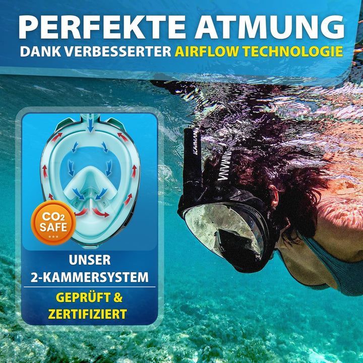 Die Preisgekrönte KAIMANA® Schnorchelmaske für Erwachsene &amp; Kinder - absolut CO2 sicher - inkl. Trag