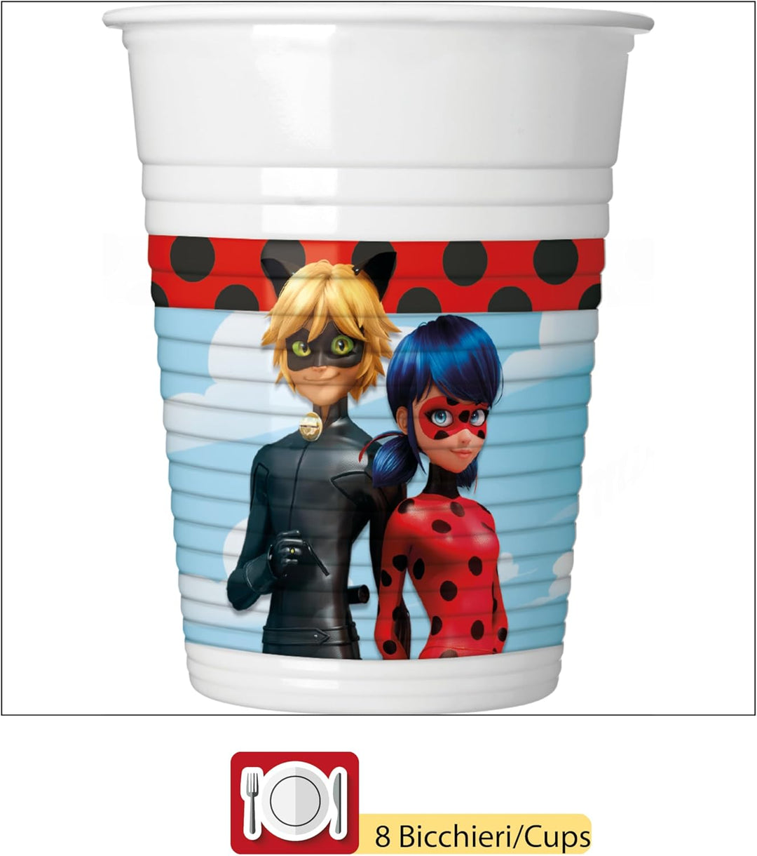 Partygeschirr Party-Set Miraculous Ladybug für 8 Personen (36 pcs: 8 Pappteller Ø23cm, 8 Becher 200m
