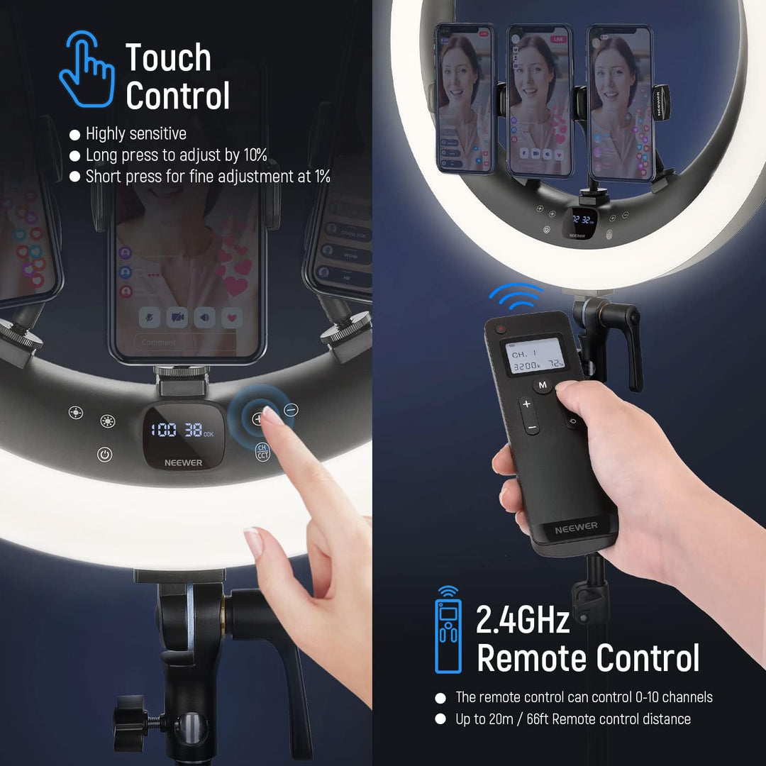 NEEWER 19Zoll Ringlicht mit Ständer,3 Telefonhalterungen & Mini Kugelkopf,verbesserte 2,4G&Touch Ste