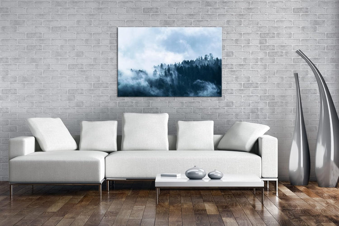 Atemberaubender Nebel im Wald Format: 100x70 als Leinwandbild, Motiv fertig gerahmt auf Echtholzrahm