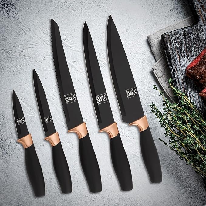 Messerblock Set 6-teilig – Küchenmesser Set mit rundem, schwarzem Messerhalter, platzsparend & leich